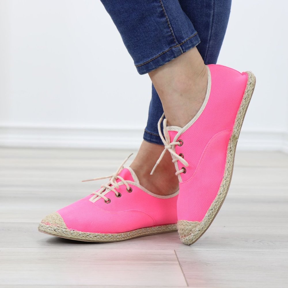 Neon Pink Light Weight Fabric Espadrille Flat Sneakers - Picture 4 of 12